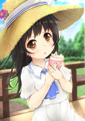 Rule 34 | 1girl, absurdres, ascot, black hair, blue ascot, blue sky, blurry, blurry background, brown eyes, cloud, commentary request, crepe, day, depth of field, fence, flower, food, hands up, hat, hat flower, highres, holding, holding food, long hair, looking at viewer, maru shion, original, outdoors, own hands together, parted lips, purple flower, sailor collar, sailor shirt, shirt, short sleeves, skirt, sky, solo, straw hat, sunlight, very long hair, white sailor collar, white shirt, white skirt