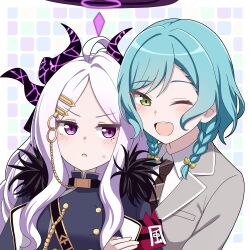 2girls :d :o absurdres ahoge aqua_hair armband bang_dream! black_horns blue_archive blush bow braid breasts brown_necktie buttons coat coat_on_shoulders crossover demon_girl demon_horns double-breasted forehead fur-trimmed_coat fur_trim green_eyes hair_bow hair_ornament hairclip halo haneoka_school_uniform highres hikawa_hina hina_(blue_archive) holding_another&#039;s_arm horns jacket long_hair looking_at_viewer military_uniform multiple_girls multiple_horns necktie one_eye_closed open_mouth parted_bangs purple_eyes purple_halo red_armband school_uniform shirt short_hair side_braids smile teeth twin_braids upper_teeth_only vector_(dmlddmld00) white_hair white_shirt yellow_bow