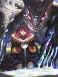 10s 1girl black_rose crown earrings extra_eyes eyepatch flower frills glowing glowing_eyes hair_flower hair_ornament jewelry liquid looking_down monster red_hair rose seisen_cerberus xiaji