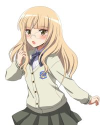 Rule 34 | 1girl, alternate costume, blonde hair, blush, cardigan, eyebrows, glasses, kaneko (novram58), long hair, long sleeves, open mouth, perrine h. clostermann, pleated skirt, ribbon, school uniform, skirt, solo, strike witches, world witches series, yellow eyes