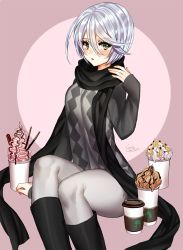 Rule 34 | 1girl, :o, argyle, arm at side, arm support, bad id, bad pixiv id, black footwear, black scarf, blush, boots, casual, chocolate, cup, disposable cup, eyebrows, eyelashes, food, gambe, green eyes, hair between eyes, ice cream, knee boots, long sleeves, looking at viewer, pantyhose, pink background, pocky, pretty series, pripara, scarf, shikyoin hibiki, short hair, signature, silver hair, sitting, solo, sweater, white pantyhose