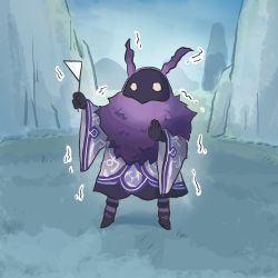 Rule 34 | abyss mage (genshin impact), chibi, commentary, creature, english commentary, flag, full body, genshin impact, grass, highres, holding, holding flag, mountain, outdoors, solo, standing, trembling, white flag, xinzoruo