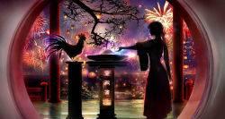 Rule 34 | 00, 1girl, bird, branch, chicken, chinese zodiac, city, city lights, dark, fireworks, hakama, hakama skirt, highres, japanese clothes, long hair, miko, new year, night, original, ponytail, profile, rooster, scenery, shrine, silhouette, skirt, sky, solo, window, year of the rooster