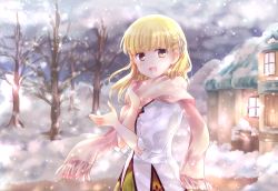 Rule 34 | 1girl, :d, bare tree, blonde hair, blunt bangs, blush, brown eyes, building, eyebrows, fringe trim, hair ornament, hairclip, house, kousetsu, long hair, looking at viewer, mountain, open mouth, outdoors, pink scarf, rosetta, rune factory, rune factory 1, rune factory frontier, scarf, smile, snow, snowing, solo, tree, triangle, upper body, winter