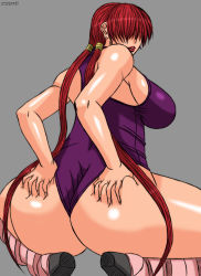 Rule 34 | 1girl, ass, ass grab, bare shoulders, boots, breasts, deep skin, earrings, female focus, from behind, grabbing own ass, hair over eyes, highres, huge ass, jewelry, large breasts, leotard, lips, lipstick, long hair, makeup, papepox2, red hair, shermie (kof), shiny skin, simple background, solo, squatting, the king of fighters, thong, thong leotard, twintails, very long hair