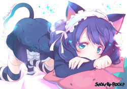 Rule 34 | 10s, 1girl, all fours, animal ears, artist name, bad id, bad pixiv id, blue eyes, blue hair, cat ears, cat tail, character name, copyright name, curly hair, cyan (show by rock!!), dress, headband, kitahara tomoe (kitahara koubou), matching hair/eyes, pillow, short hair, show by rock!!, solo, sparkle, striped clothes, striped thighhighs, tail, tears, thighhighs