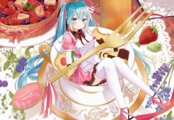 Rule 34 | 1girl, absurdres, apron, blue eyes, blue hair, blueberry, blush, breasts, checkerboard cookie, closed mouth, commentary request, cookie, cup, dress, feet out of frame, flower, food, fork, frilled apron, frilled dress, frills, fruit, fruit tart, hair between eyes, hatsune miku, high heels, highres, holding, holding fork, in container, in cup, long hair, looking at viewer, mini person, minigirl, noneon319, pink dress, pink footwear, puffy short sleeves, puffy sleeves, purple flower, saucer, shoes, short sleeves, small breasts, smile, solo, strawberry, tart (food), teacup, thighhighs, twintails, twitter username, very long hair, vocaloid, white apron, white flower, white thighhighs, wrist cuffs