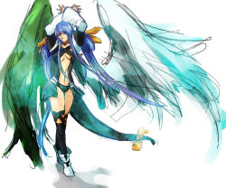 Rule 34 | 1girl, arc system works, arms up, asymmetrical wings, blue hair, bow, breasts, dizzy (guilty gear), guilty gear, hair bow, red eyes, ribbon, sesame ange, sketch, solo, tail, tail ornament, tail ribbon, underboob, wings