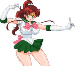 Rule 34 | 1990s (style), 1girl, :d, arm up, armpits, bare legs, bare shoulders, bishoujo senshi sailor moon, breasts, brown hair, cameltoe, choker, cleft of venus, covered erect nipples, double bun, earrings, green eyes, hair ornament, hand on own hip, jewelry, kino makoto, large breasts, legs, long hair, looking at viewer, necklace, open mouth, pixel art, retro artstyle, ribbon, sailor jupiter, school uniform, simple background, smile, solo, standing, thong, tiara, warner