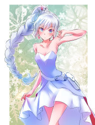 Rule 34 | 1girl, absurdres, adapted costume, bare arms, bare shoulders, belt, blue eyes, braid, breasts, cleavage, collarbone, commentary request, dress, earrings, female focus, highres, iesupa, jewelry, long braid, long hair, looking at viewer, medium breasts, rwby, scar, scar across eye, scar on face, side braid, single braid, snowflake print, solo, strapless, strapless dress, tiara, weiss schnee, white belt, white dress, white hair