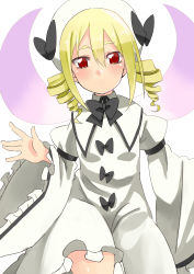 Rule 34 | absurdres, blonde hair, blush, bow, dress, drill hair, hat, hayaneko (ceceragi), highres, long sleeves, luna child, red eyes, short hair, simple background, solo, touhou, waving, white background, wide sleeves, wings