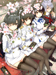 Rule 34 | 4girls, absurdres, animal ears, artist name, atago (azur lane), azur lane, black hair, black legwear, blush, bow, bowtie, branch, breasts, brown eyes, cherry blossoms, choukai (azur lane), cup, dango, day, flower, food, garter straps, gloves, green tea, hand up, highres, holding, holding food, loafers, long hair, long sleeves, looking at viewer, maya (azur lane), medal, medium breasts, military, military uniform, mochi, mole, mole under eye, multiple girls, official art, one eye closed, open mouth, outdoors, pantyhose, petals, pleated skirt, ponytail, purple hair, scan, scarf, school uniform, shiny clothes, shoes, short hair, simple background, sitting, skirt, smile, takao (azur lane), takayaki, tea, thighhighs, uniform, wagashi, white gloves