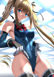 Rule 34 | 1girl, black ribbon, blonde hair, blue one-piece swimsuit, blue thighhighs, breasts, covered navel, cowboy shot, dead or alive, dead or alive 5, elbow gloves, frilled leotard, frills, frontal wedgie, gloves, gluteal fold, hair ornament, hair ribbon, highleg, leotard, leotard lift, long hair, looking at viewer, marie rose, medium breasts, one-piece swimsuit, ribbon, sen (sansui), shiny skin, skin tight, solo, standing, swimsuit, thighhighs, twintails, wedgie, x hair ornament