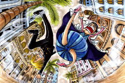 Rule 34 | 2boys, alabasta, ballet slippers, blonde hair, bon clay, building, chibi, cigarette, crossdressing, fighting, formal, frown, hair over one eye, kicking, makeup, male focus, multiple boys, one piece, outdoors, sanji (one piece), scenery, smoking, suit
