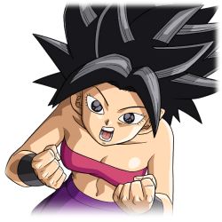 Rule 34 | 1girl, belly, black eyes, black hair, breasts, caulifla, cleavage, collarbone, dragon ball, dragon ball super, midriff, navel, official art, open mouth, spiked hair