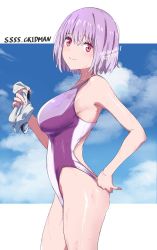 Rule 34 | 1girl, adjusting clothes, adjusting swimsuit, breasts, competition swimsuit, from side, goggles, unworn goggles, gridman universe, highres, large breasts, light purple hair, one-piece swimsuit, red eyes, shinjou akane, short hair, showhey!!, sideboob, smile, solo, ssss.gridman, standing, swimsuit, wet