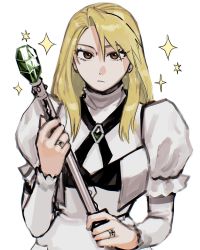 Rule 34 | 1girl, black ribbon, blonde hair, breasts, brown eyes, closed mouth, commentary request, cosplay, cowboy shot, dress, fullmetal alchemist, gem, green gemstone, highres, holding, holding staff, jewelry, konjiki no gash!!, layered sleeves, long hair, long sleeves, looking at viewer, neck ribbon, ozaki (tsukiko3), puffy short sleeves, puffy sleeves, ribbon, ring, riza hawkeye, serious, sherry belmont, sherry belmont (cosplay), short over long sleeves, short sleeves, simple background, solo, sparkle, staff, standing, white background, white dress