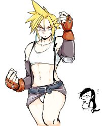 Rule 34 | 1boy, 1girl, abs, belt, blonde hair, blue eyes, blush, chibi, chibi inset, clenched hands, cloud strife, cosplay, crossdressing, earrings, final fantasy, final fantasy vii, fingerless gloves, flying sweatdrops, gloves, highres, jewelry, long hair, looking at another, low ponytail, male focus, midriff, miniskirt, muscular, navel, panties, pantyshot, simple background, skirt, smile, solo focus, spiked hair, suspenders, sweat, tifa lockhart, tifa lockhart (cosplay), underwear, white background, white panties, yellow kirby