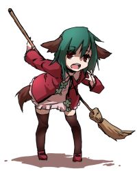 Rule 34 | 1girl, animal ears, bent over, broom, brown eyes, brown thighhighs, dress, green hair, kasodani kyouko, long sleeves, multicolored clothes, multicolored dress, open mouth, pink dress, solo, tail, thighhighs, touhou, toutenkou, white dress, zettai ryouiki