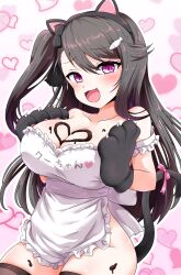 Rule 34 | 1girl, animal ears, animal hands, apron, azur lane, black hair, black thighhighs, blush, breast press, breasts, candy, cat ears, cat paws, cat tail, chocolate, chocolate heart, chocolate on body, chocolate on breasts, cleavage, fake animal ears, food, food on body, hair ornament, heart, highres, houshi, large breasts, long hair, looking at viewer, official alternate costume, pamiat merkuria (azur lane), pamiat merkuria (mercurial chocolate love) (azur lane), pink hair, side ponytail, solo, tail, thighhighs, thighs, white apron