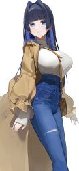 Rule 34 | 1girl, absurdres, bag, black hair, blue eyes, blue hair, blunt bangs, breasts, brown coat, closed mouth, coat, cost, denim, hair intakes, high-waist pants, highres, hololive, hololive english, jeans, large breasts, logknn, long hair, long sleeves, looking at viewer, multicolored hair, open clothes, open coat, ouro kronii, ouro kronii (casual), pants, simple background, sleeves past wrists, solo, virtual youtuber, white background