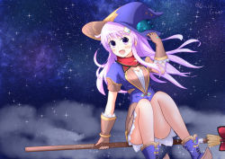 Rule 34 | boots, breasts, broom, cloud, coat, gloves, hair ornament, hairclip, happy, hat, highres, jacket, long hair, nepgear, neptune (series), night, night sky, open mouth, purple eyes, purple hair, scarf, shirt, sky, small breasts, star (sky), swirl gear, thighs