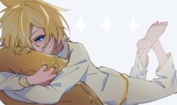 Rule 34 | 1boy, barefoot, blonde hair, blue eyes, feet up, half-closed eyes, kagamine len, lying, male focus, male hand, motu0505, hugging object, on stomach, pajamas, pillow, pillow hug, solo, spiked hair, vocaloid, white pajamas