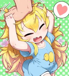 1girl 1other armpit_peek arms_up black_shorts blonde_hair blue_shirt blush borrowed_character closed_eyes collarbone commentary_request commission duck_print fang flat_chest fur-trimmed_shorts fur_trim green_background hair_between_eyes hand_on_another&#039;s_head hands_on_own_head headpat heart long_hair motion_lines open_mouth original pointy_ears polka_dot polka_dot_background print_shirt raised_eyebrows shirt short_sleeves shorts sidelocks skeb_commission smile solo_focus spoken_heart t-shirt tokkyuu_mikan very_long_hair