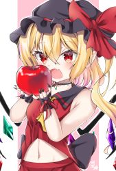 Rule 34 | 1girl, adapted costume, apple, ascot, bare shoulders, black gloves, black hat, black nails, blonde hair, breasts, commentary request, crystal, eating, fang, fingerless gloves, fingernails, flandre scarlet, food, fruit, gloves, hair between eyes, hat, hat ribbon, holding, holding food, holding fruit, hoshizora gabugabu, long hair, midriff, mob cap, nail polish, navel, open mouth, red eyes, red ribbon, red shirt, ribbon, sharp fingernails, shirt, skin fang, sleeveless, sleeveless shirt, small breasts, solo, touhou, upper body, wings, yellow ascot