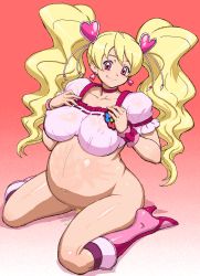 Rule 34 | 00s, 1girl, :q, aliasing, blonde hair, bottomless, breasts, cure peach, female pubic hair, fresh precure!, gradient background, handprint, large breasts, licking, long hair, momozono love, nipples, no bra, oekaki, pink eyes, precure, pregnant, pubic hair, simple background, sitting, smile, solo, tenseiani, tongue, tongue out, twintails, wariza