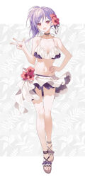Rule 34 | 1girl, asymmetrical hair, bikini, bikini skirt, black choker, blush, breasts, character request, choker, collarbone, commentary request, copyright request, feet, floral background, flower, frilled bikini, frills, full body, grey background, hair flower, hair ornament, hand on own hip, hand up, head tilt, legs, looking at viewer, medium breasts, nail polish, navel, open mouth, pink eyes, purple bikini, purple hair, rusino mu, sandals, shadow, shiny skin, solo, standing, swept bangs, swimsuit, thighs, toenail polish, toenails, toes, w, white background, white bikini