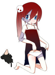 Rule 34 | 1girl, :p, blue eyes, blush, cat, clothes lift, dress, dress lift, female focus, full body, hair ornament, monster girl, multicolored eyes, original, panties, ponytail, red eyes, scar, senkyoku niban, side ponytail, simple background, skull, solo, stitches, tongue, tongue out, underwear, white background, zombie