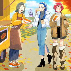 Rule 34 | 2boys, 2girls, ankle boots, apron, autumn leaves, battamonda, belt, black footwear, black skirt, blue eyes, blue hair, blue skirt, blue sky, boots, bright pupils, brown apron, brown belt, brown footwear, brown jacket, casual, closed eyes, closed mouth, cloud, cloudy sky, coffee cup, commentary, cup, day, denim, denim skirt, disposable cup, eating, food, food on face, futari wa precure splash star, grey shirt, hair pulled back, high-waist skirt, highres, hirogaru sky! precure, holding, holding cup, holding food, hot dog, in-franchise crossover, jacket, kabaton (precure), kibou no chikara ~otona precure &#039;23~, kiryuu kaoru, kiryuu michiru, long hair, long skirt, long sleeves, looking at another, miniskirt, multiple boys, multiple girls, open clothes, open jacket, open mouth, outdoors, precure, red footwear, red hair, shirt, shoes, short hair, side slit, skirt, sky, smile, sneakers, sparkle, standing, standing on one leg, sweater, thigh boots, ton (ton39342104), turtleneck, twitter username, vending cart, white jacket, white pupils, yellow sweater
