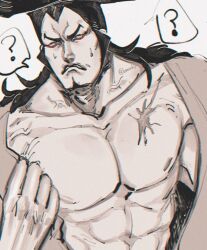 Rule 34 | 1boy, abs, artist request, bara, black hair, confused, eyeliner, facial hair, food, frown, goatee, hand on own chest, hot, japanese clothes, kimono, kouzuki oden, long hair, makeup, male focus, manly, mature male, muscular, muscular male, nipples, nude, oden, one piece, red eyeliner, samurai, scar, scar on chest, sideburns, staring, sweat, teeth, third-party source, undressing, veins