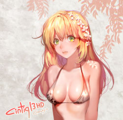 Rule 34 | 1girl, bikini, blonde hair, blush, breasts, caesty, character request, cleavage, flower, green eyes, hair between eyes, hair flower, hair ornament, lips, nose, solo, swimsuit, upper body