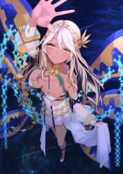 Rule 34 | 1girl, absurdres, andromeda (fate), andromeda (first ascension) (fate), arm up, armlet, bare shoulders, belly chain, blonde hair, blush, braid, breasts, chain, cleavage, collar, crown braid, cuffs, dark-skinned female, dark skin, detached sleeves, dress, fate/grand order, fate (series), full body, gold teeth, green eyes, hair ornament, highres, jaws, jewelry, kake udon, large breasts, long hair, looking at viewer, low twintails, metal collar, multicolored hair, shackles, short dress, sidelocks, smile, solo, twintails, two-tone hair, white dress, white hair