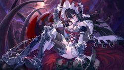Rule 34 | armored legwear, axe, black hair, holding, holding axe, holding skull, holding weapon, illya (princess connect!), looking at viewer, official art, princess connect!, red eyes, sitting, skull, vambraces, weapon