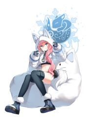 Rule 34 | 1girl, animal ears, belt pouch, black gloves, black shirt, black thighhighs, blue eyes, blue footwear, boots, claw pose, closed mouth, closers, crop top, crop top overhang, cropped jacket, fake animal ears, fox ears, fur trim, gloves, grey shorts, hair over shoulder, hands up, highres, hood, hooded jacket, jacket, long hair, long sleeves, looking at viewer, midriff, navel, official art, pink hair, pouch, puffy long sleeves, puffy sleeves, seulbi lee, shirt, short shorts, shorts, sitting, smile, solo, stomach, thighhighs, thighs, turtleneck, undershirt, white jacket, zipper pull tab