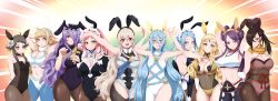 Rule 34 | 6+girls, absurdres, adapted costume, animal ears, armpits, arms up, azura (fire emblem), back, blonde hair, blue hair, breasts, brown hair, camilla (fire emblem), charlotte (fire emblem), cleavage, cleavage cutout, clothing cutout, corrin (female) (fire emblem), corrin (fire emblem), felicia (fire emblem), fire emblem, fire emblem fates, fire emblem heroes, flat chest, flora (fire emblem), hair ornament, hair over one eye, hairband, hands in hair, highres, kagero (fire emblem), large breasts, leotard, long hair, maid headdress, midriff, mozu (fire emblem), multiple girls, nervous smile, nintendo, ophelia (fire emblem), orochi (fire emblem), pantyhose, pink hair, playboy bunny, ponytail, purple hair, rabbit ears, rabbit pose, rabbit tail, seityr, smile, tail, thigh cutout, twintails