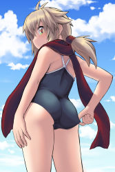 Rule 34 | 1girl, adjusting clothes, adjusting swimsuit, antenna hair, ass, bare arms, bare shoulders, black one-piece swimsuit, blonde hair, blue sky, closed mouth, cloud, commentary request, day, from behind, green eyes, hair between eyes, highres, koshirae tsurugi (m.m), looking at viewer, looking back, low ponytail, m.m, one-piece swimsuit, original, outdoors, ponytail, profile, red scarf, scarf, sky, solo, swimsuit