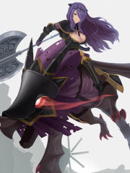 Rule 34 | 1girl, armor, axe, bad id, bad pixiv id, breasts, camilla (fire emblem), cleavage, dragon, fire emblem, fire emblem fates, flying, glowing, glowing eyes, hair over one eye, highres, hope of sky, long hair, looking at viewer, marzia (fire emblem if), nintendo, purple hair, riding, simple background, solo, tiara, weapon, wings