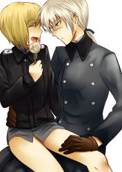 Rule 34 | 2girls, bai lao shu, black jacket, blonde hair, blush, brown gloves, buttons, closed eyes, double-breasted, erica hartmann, fork, gloves, grey hair, grey jacket, grey shirt, hand on another&#039;s thigh, hand on another&#039;s waist, hanna rudel, highres, jacket, low ponytail, multiple girls, no pants, ponytail, potato, scar, scar on face, scar on nose, shirt, sitting, sitting on lap, sitting on person, smile, strike witches, uniform, white background, world witches series