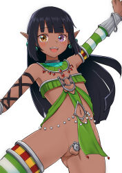 Rule 34 | 1boy, absurdres, armpits, bare hips, black hair, blunt bangs, chastity cage, commission, cuffs, dark elf, dark skin, detached sleeves, earrings, egyptian clothes, elf, flat chastity cage, gem, heterochromia, highres, hime cut, jewelry, jtleeklm, long hair, looking at viewer, midriff, navel, no panties, orange eyes, original, over-kneehighs, pearl earrings, pelvic curtain, pixiv commission, pointy ears, purple eyes, quiver, red gemstone, revealing clothes, simple background, solo, thighhighs, trap, usekh collar, white background