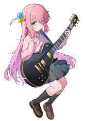Rule 34 | 1girl, black skirt, black socks, blue eyes, bocchi the rock!, brown footwear, closed mouth, cube hair ornament, electric guitar, eyes visible through hair, gibson les paul, gotoh hitori, guitar, hair ornament, hair over one eye, highres, holding, holding instrument, instrument, invisible chair, irain, jacket, loafers, long hair, long sleeves, looking at viewer, one side up, pink hair, pink jacket, pleated skirt, shoes, sidelocks, simple background, sitting, skirt, sleeves past wrists, socks, solo, sweatdrop, track jacket, white background