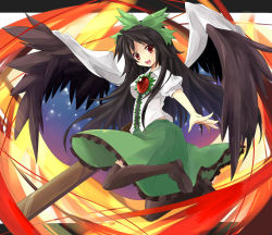 Rule 34 | 1girl, arm cannon, black hair, black thighhighs, black wings, bow, breasts, cape, female focus, hair bow, highres, long hair, medium breasts, open mouth, red eyes, reiuji utsuho, shoes, skirt, smile, solo, thighhighs, third eye, touhou, ut pictura poesis, weapon, wings