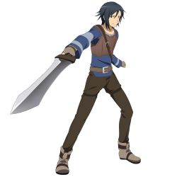 Rule 34 | 1boy, belt, black eyes, black hair, blue shirt, boots, brown pants, collarbone, fingerless gloves, full body, gloves, grey footwear, grey gloves, holding, holding sword, holding weapon, kirito (first avatar), looking at viewer, male focus, official art, pants, shirt, simple background, smile, solo, standing, sword, sword art online, sword art online: code register, weapon, white background