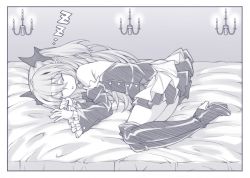 Rule 34 | 1girl, bed, boots, high heel boots, high heels, highres, krul tepes, kyuutou (kyuutouryuu), legs together, monochrome, owari no seraph, pointy ears, purple theme, sketch, sleeping, thigh boots, thighhighs