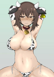 Rule 34 | 1girl, animal collar, animal print, arms behind head, arms up, bell, bikini, black collar, blush, breasts, brown eyes, brown hair, closed mouth, collar, commentary request, cow print, cowbell, ear tag, elbow gloves, frown, girls und panzer, gloves, green background, half-closed eyes, halterneck, large breasts, looking at viewer, navel, neck bell, ngc20701, nishizumi maho, print bikini, print gloves, short hair, side-tie bikini bottom, skindentation, solo, spread legs, squatting, string bikini, sweat, swimsuit, white gloves