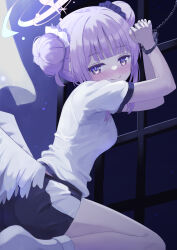 Rule 34 | 1girl, absurdres, angel wings, black shorts, blue archive, blush, closed mouth, cpk prd, double bun, feathered wings, gym shirt, gym shorts, gym uniform, hair bun, halo, highres, mika (blue archive), pink hair, pink halo, shirt, short hair, short sleeves, shorts, smile, socks, solo, white shirt, white socks, white wings, wings, yellow eyes