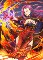 Rule 34 | 1girl, absurdres, breasts, brown eyes, cape, cleavage, earrings, emubi, fire, fire emblem, fire emblem echoes: shadows of valentia, fire emblem heroes, gloves, highres, jewelry, large breasts, long hair, nintendo, purple hair, smile, solo, sonya (fire emblem gaiden), weapon
